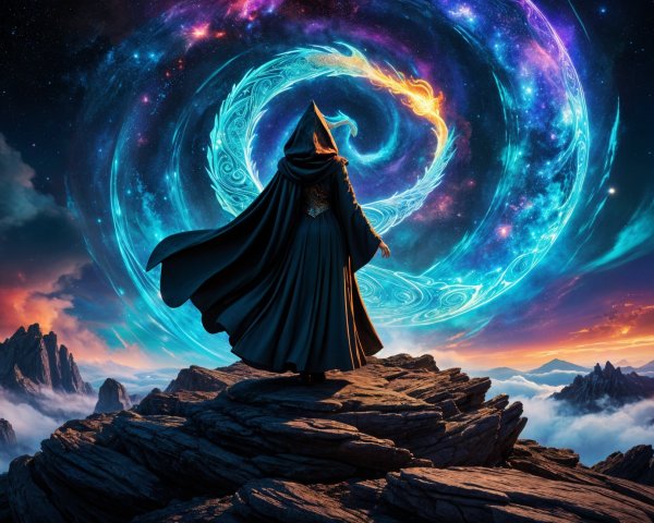 Cloaked Figure Overlooking Vibrant Cosmic Landscape