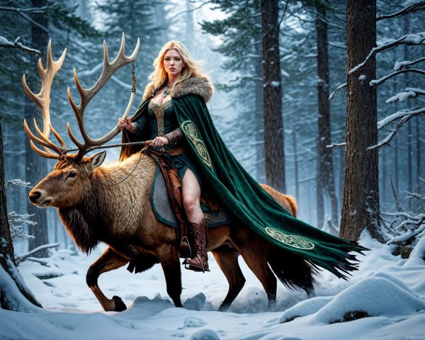 Mythical figure on elk in snowy forest setting