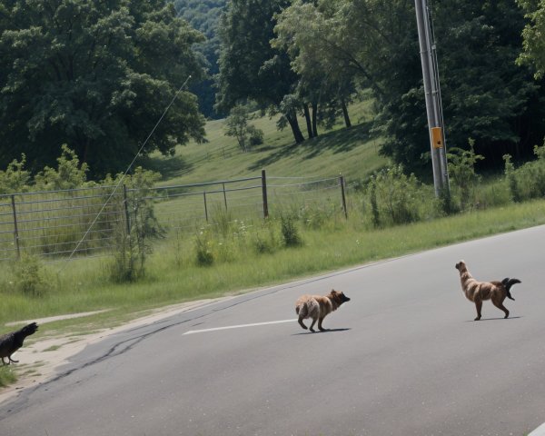 Rural Scene of Animals Crossing a Quiet Road