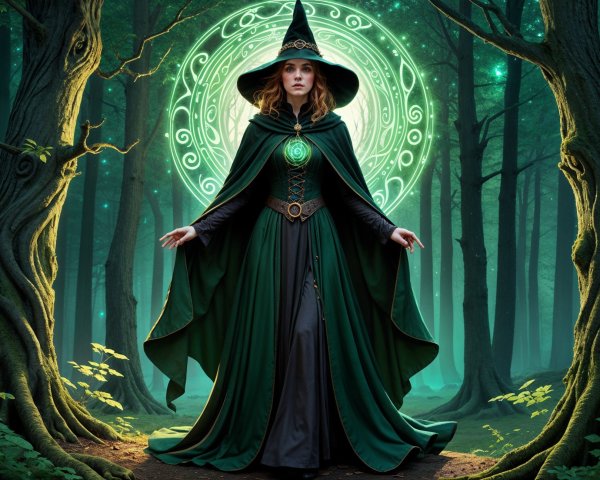 Mystical forest with a sorceress and magical sigil