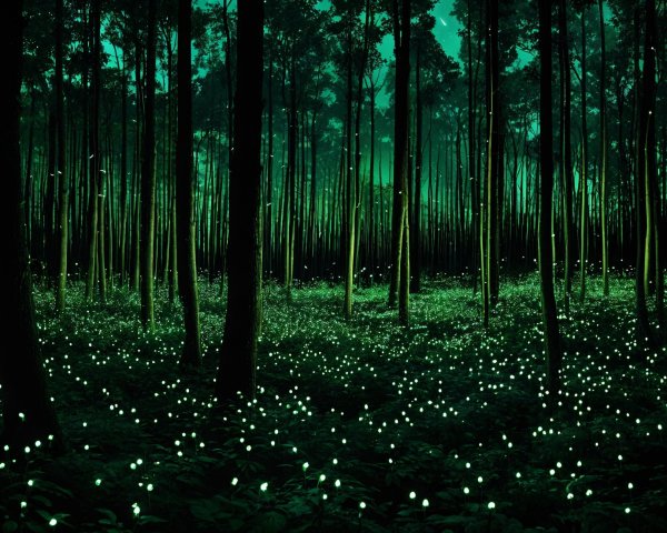 Mystical Forest Scene with Glowing Fireflies
