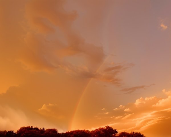 Vibrant Sunset Sky with Rainbow and Silhouette of Trees