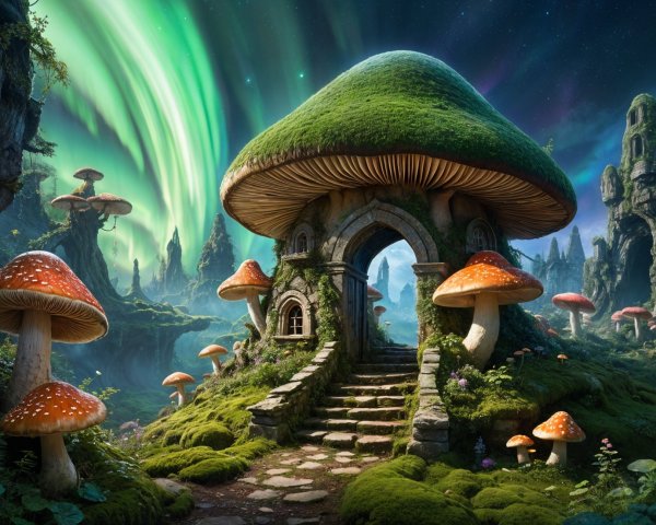 Enchanted landscape with mushroom house and aurora borealis