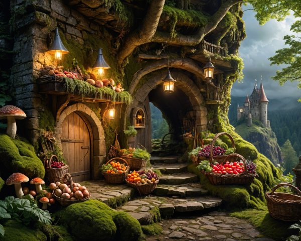 Enchanted Garden Entrance with Stone Archways and Lanterns