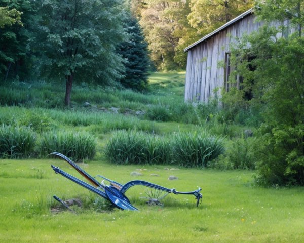 Rustic Landscape with Barn and Abandoned Plow