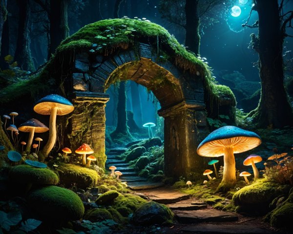Mystical forest scene with stone archway and mushrooms