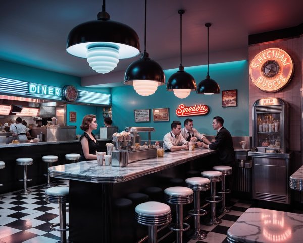 Retro Diner Scene with Chrome Stools and Neon Lights