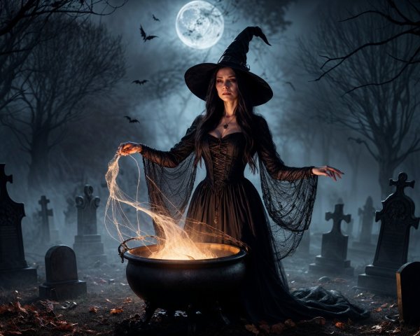 Mysterious Witch in Foggy Graveyard with Cauldron