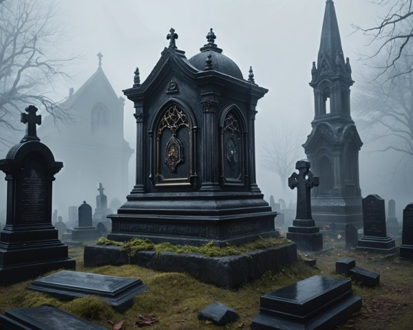Atmospheric Graveyard with Fog and Gothic Mausoleum