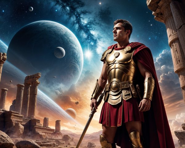 Heroic Figure in Ancient Armor Over Cosmic Landscape