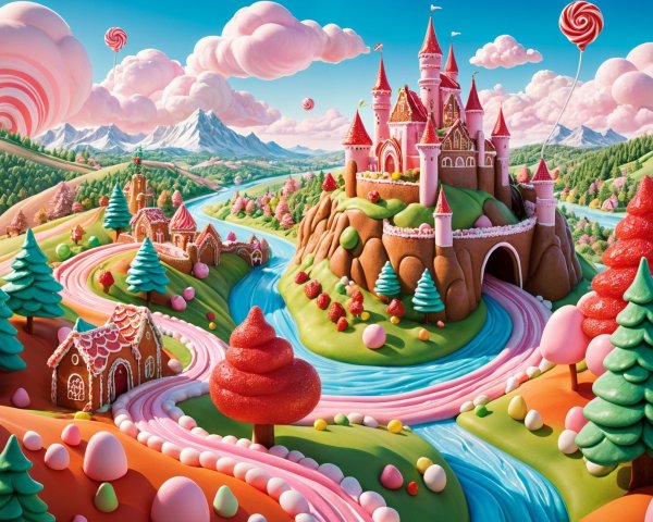 Whimsical Candy Kingdom with Colorful Landscape and Castle