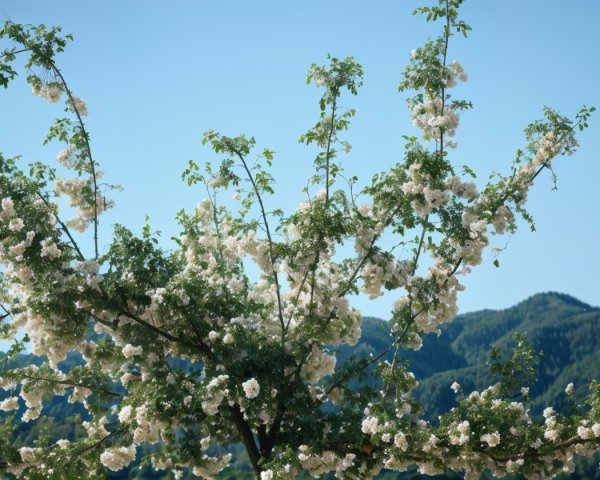 Blooming tree with white flowers under blue sky