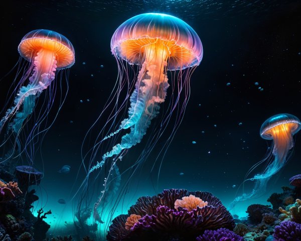 Underwater Scene with Luminous Jellyfish and Coral
