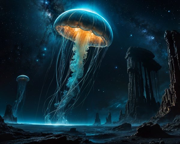 Surreal Cosmic Landscape with Luminous Jellyfish