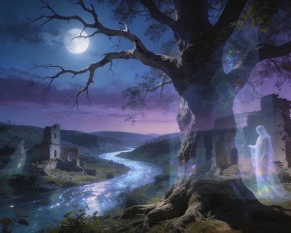 High-angle digital painting of a mystical twilight landscape