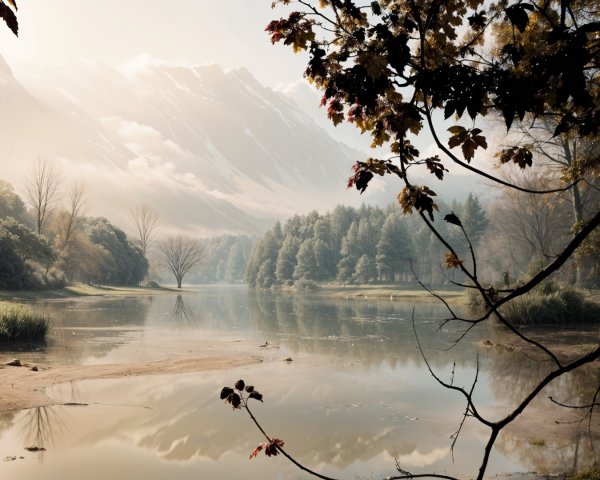 Tranquil Lake and Foggy Mountains in Serene Landscape