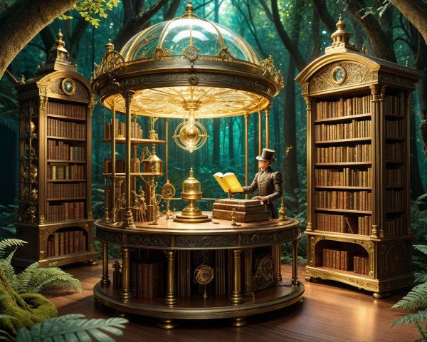Ornate library in a mystical forest with golden dome