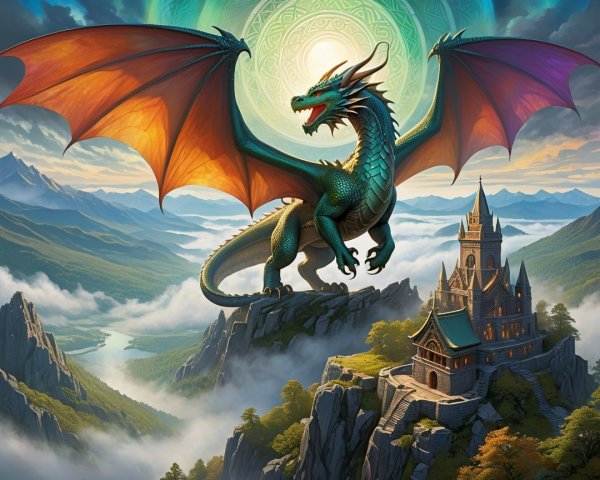 Majestic dragon over mystical landscape with castle