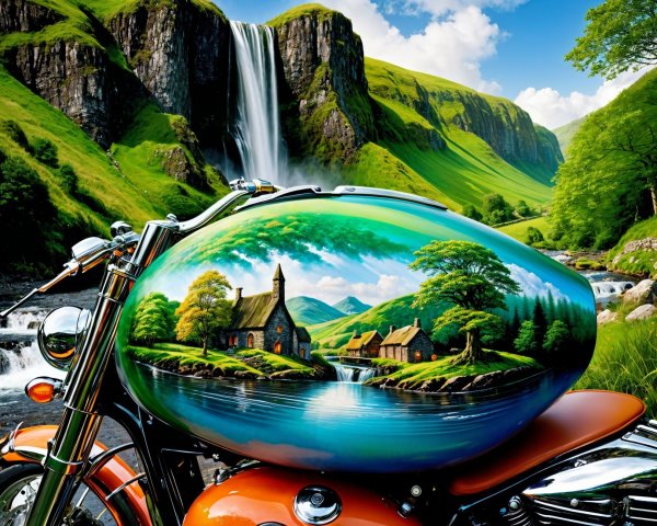 Motorcycle with Landscape Painted Fuel Tank Design