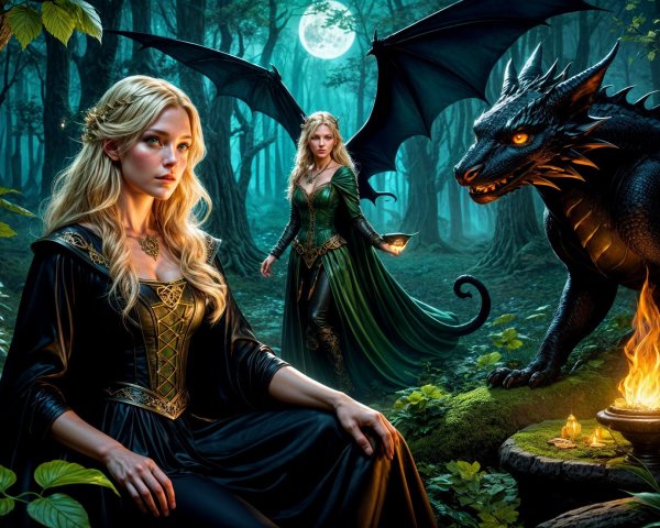 Moonlit Forest Scene with Ethereal Women and Dragon