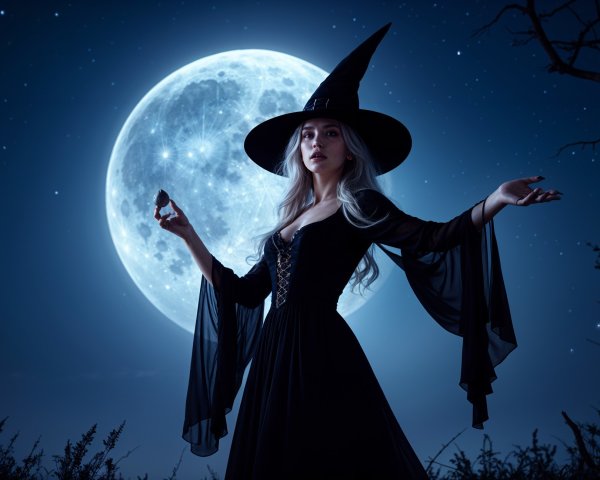 Witch in Black Gown Under Full Moon and Starry Sky