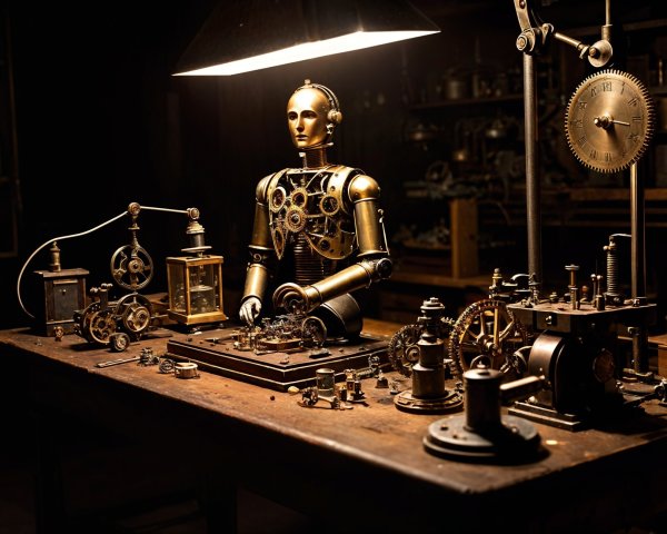 Steampunk Robot Surrounded by Vintage Workshop Tools