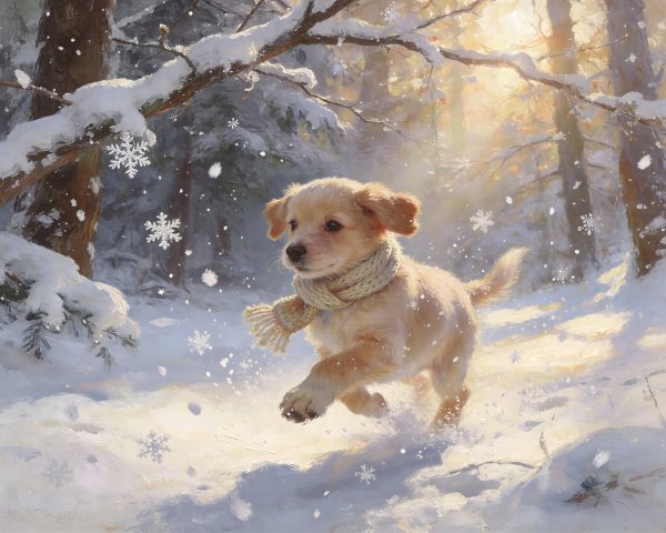 Golden Retriever Puppy in Snowy Winter Forest Scene
