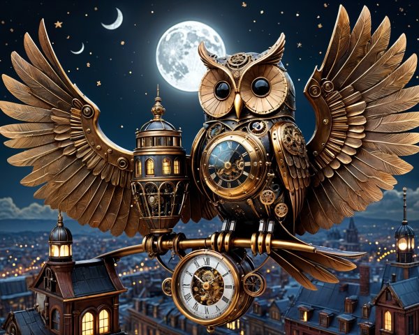 Steampunk Owl on Clock Tower Under Starry Sky