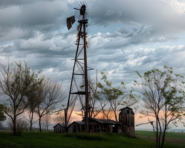 Old windmill and rustic structures in rural landscape