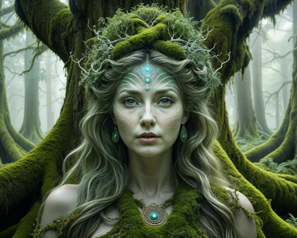 Serene figure in an ancient misty forest setting