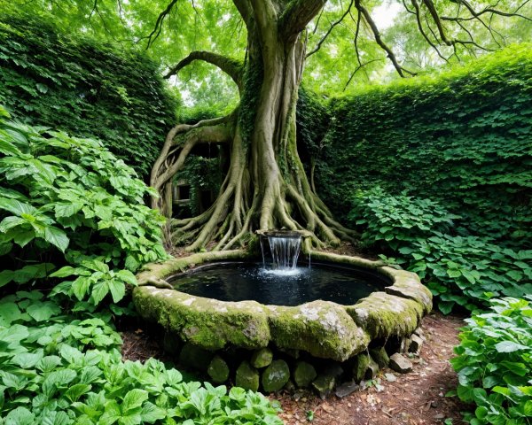 Serene Natural Oasis with Ancient Tree and Well