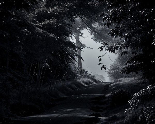 Serene Pathway Through a Misty Forest Landscape