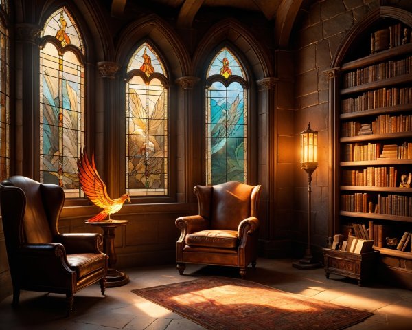 Cozy library with stained glass windows and leather chairs