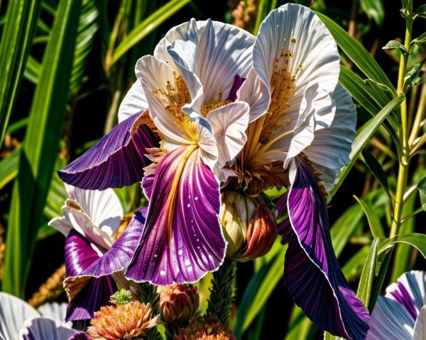 Vibrant Irises with Flowing Petals and Green Foliage