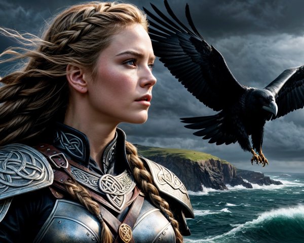 Fierce Warrior Woman Amid Stormy Waves and Ravens