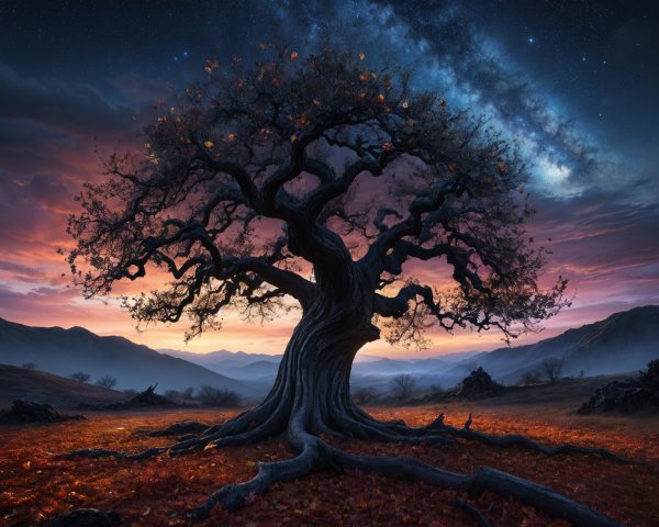 Gnarled Tree Against Vibrant Sunset Landscape
