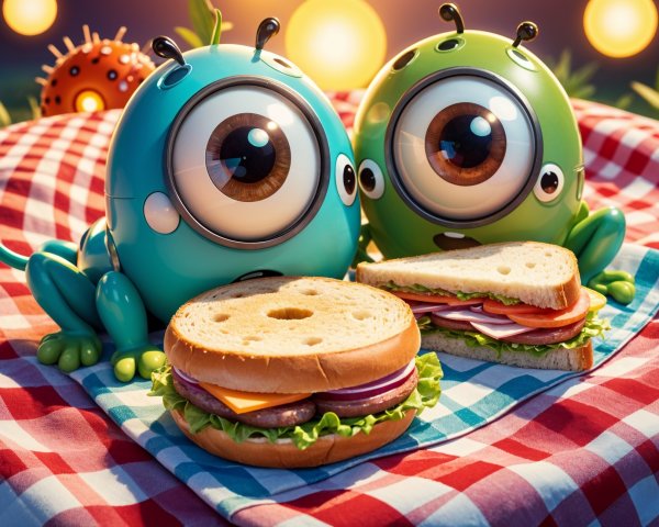Cartoon Creatures Enjoy Picnic on Checkered Blanket