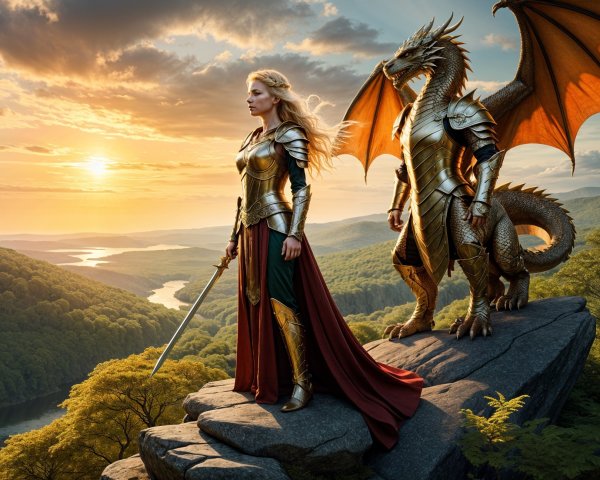 Warrior and Dragon in a Fantasy Landscape at Sunset