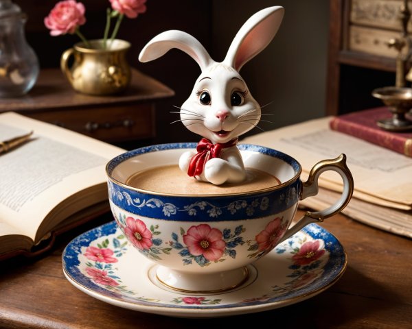 Charming Rabbit Figurine in Floral Teacup Scene