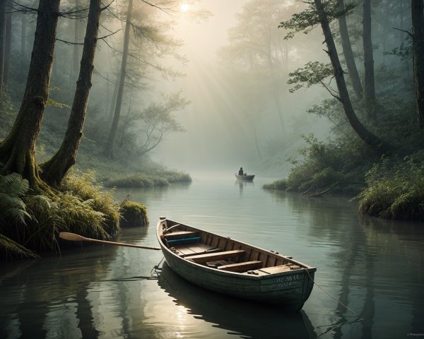 Tranquil River Scene in a Misty Forest Setting