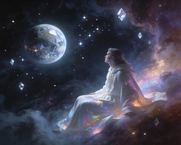 Person in Cloak on Clouds with Crystalline Planet View