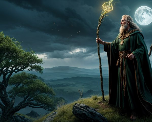 Elderly wizard on hillside with glowing staff and moonlight