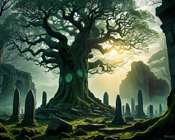 Ancient Tree Surrounded by Stone Ruins and Moss