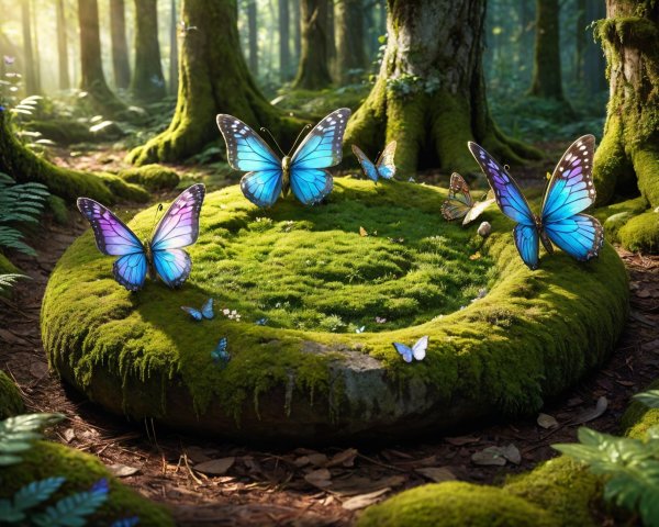 Butterflies on a Moss-Covered Stone in a Forest