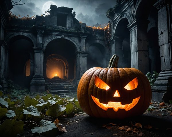 Glowing Pumpkin Surrounded by Ancient Ruins and Moonlight