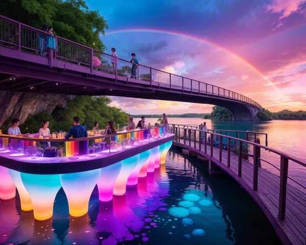 Vibrant Bar by Water with Scenic Sunset and Bridge