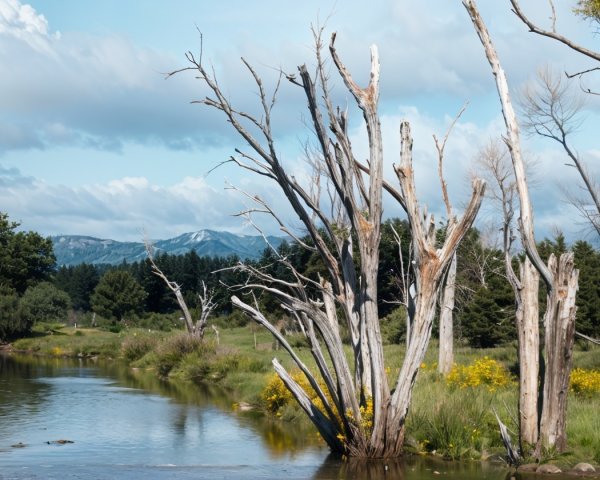Serene River Landscape with Trees and Wildflowers