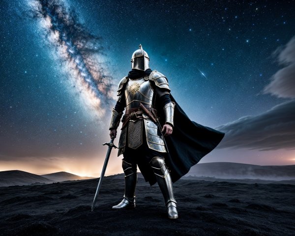 Knight in Armor Against Starry Cosmic Landscape