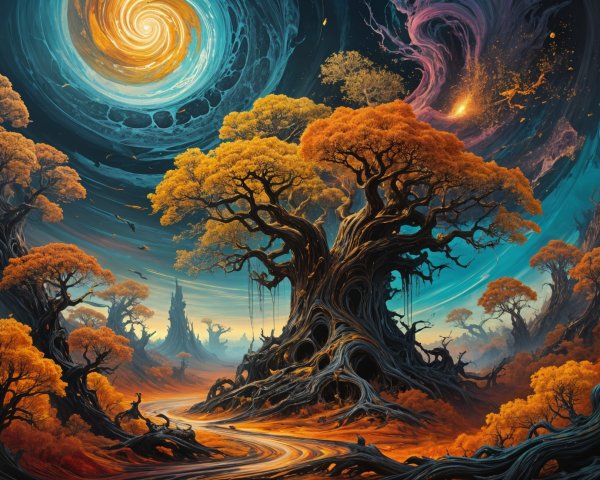 Surreal Landscape with Ancient Tree and Cosmic Elements