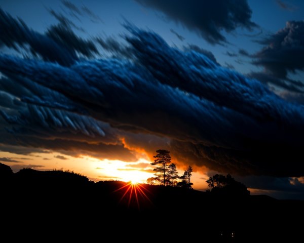 Dramatic Sunset with Silhouetted Trees and Clouds